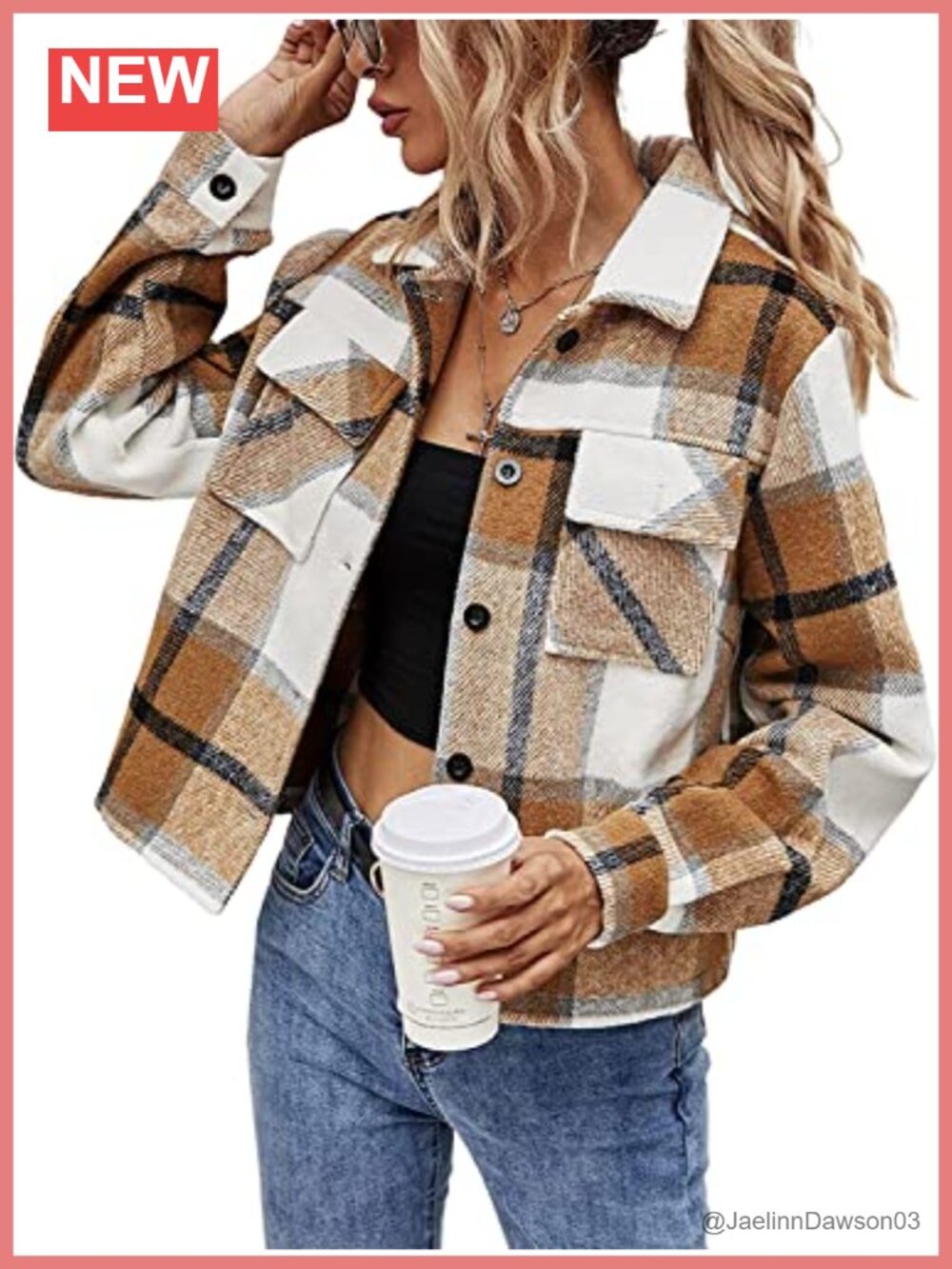 Cropped Plaid Shacket Flannel Button Down Jacket Long Sleeve